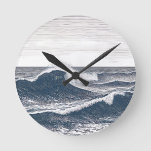 Lijnkunst Oceaangolf Monochroom Stormvloed Ronde Klok