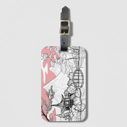 Lijnschildering van de Japanse Tempelberg Bagagelabel (Voorkant (verticaal))