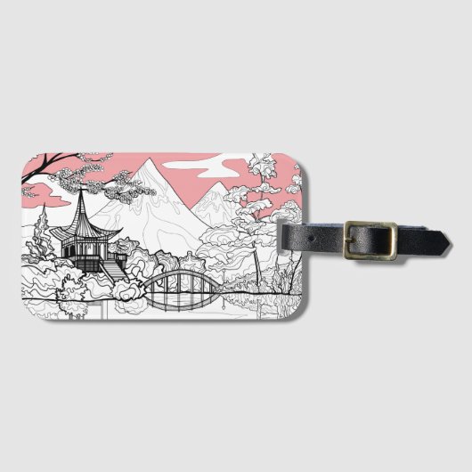 Lijnschildering van de Japanse Tempelberg Bagagelabel (Voorkant (horizontaal))