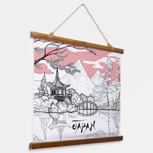 Lijnschildering van de Japanse Tempelberg Hangend Wandkleed (Gebogen)