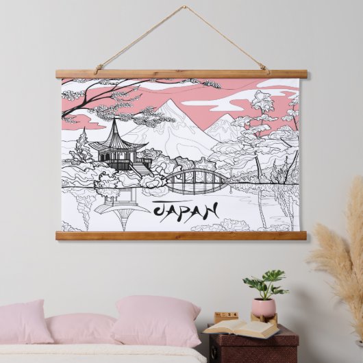 Lijnschildering van de Japanse Tempelberg Hangend Wandkleed (Slaapkamer)
