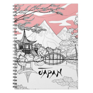 Lijnschildering van de Japanse Tempelberg Notitieboek