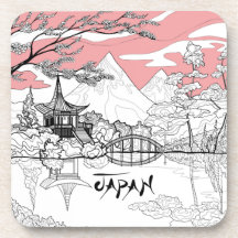 Lijnschildering van Japans tempelmeer en berg