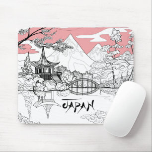 Lijnschildering van Japans tempelmeer en berg Muismat