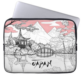 Lijnschildering van Japanse tempelmeerberg Laptop Sleeve