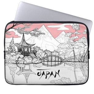 Lijnschildering van Japanse tempelmeerberg Laptop Sleeve