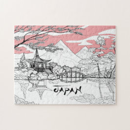 Lijnschildering van Japanse tempelmeerberg Legpuzzel