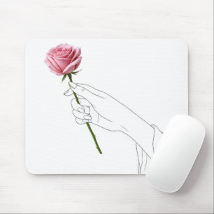 Lijntekening Hand die een Roze Roos Vasthoudt Muismat