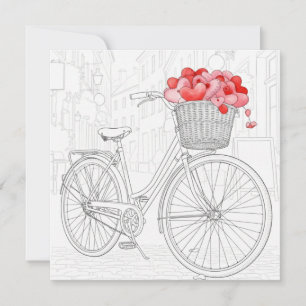 Lijntekening rode fiets op kasseienstraat tekening feestdagenkaart