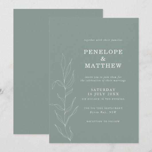 Lijntekening Salieblad Bruiloft Uitnodiging (Voorkant / Achterkant)