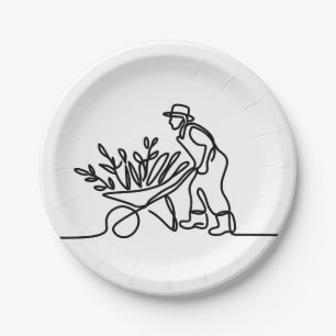 lijntekening van een landbouwer of tuinman papieren bordje