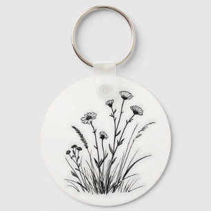 Lijntekening van madeliefjes in een bloemenweide sleutelhanger