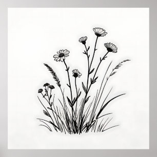 Lijntekening van madeliefjes in een wilde bloemenw poster