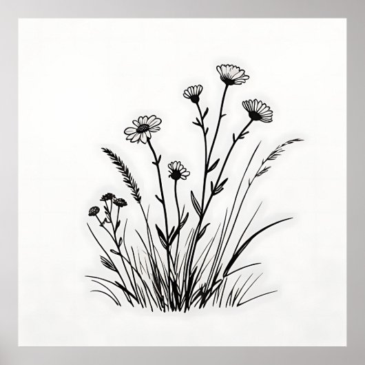 Lijntekening van madeliefjes in een wilde bloemenw poster (Voorkant)