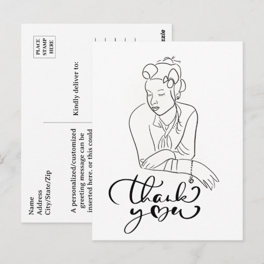 LIJNTEKENING van vrouw Bedankt uit de jaren 40 Briefkaart (Voorkant / Achterkant)