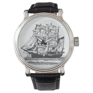 Lijntekening Zeilboot Windjammer Nautical Horloge