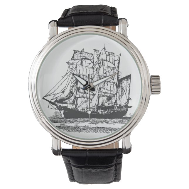 Lijntekening Zeilboot Windjammer Nautical Horloge (Voorkant)