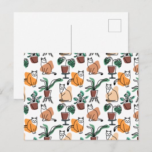 Lijntekenkat en bloemen briefkaart (Voorkant / Achterkant)