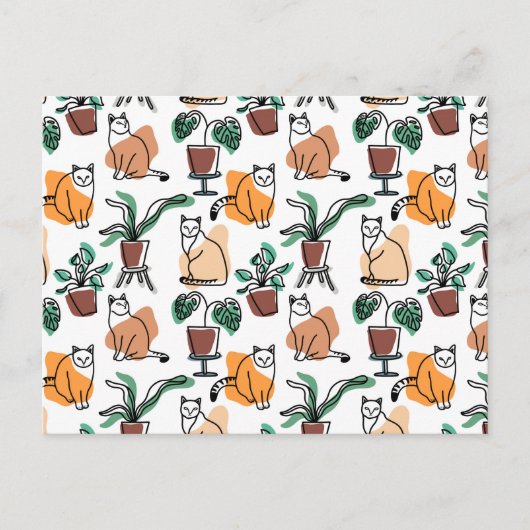 Lijntekenkat en bloemen briefkaart (Voorkant)