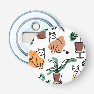 Lijntekenkat en bloemen button flesopener