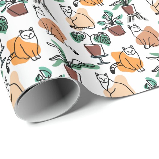 Lijntekenkat en bloemen cadeaupapier (Rol Hoek)