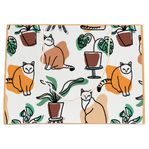 Lijntekenkat en bloemen groot cadeauzakje