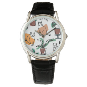 Lijntekenkat en bloemen horloge