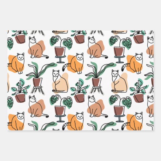 Lijntekenkat en bloemen inpakpapier vel (Voorkant 3)