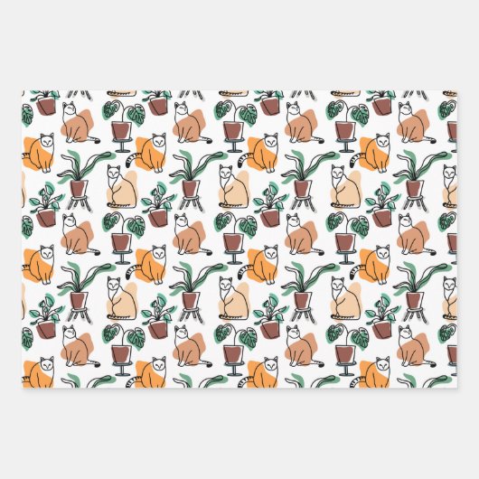 Lijntekenkat en bloemen inpakpapier vel (Voorkant 2)