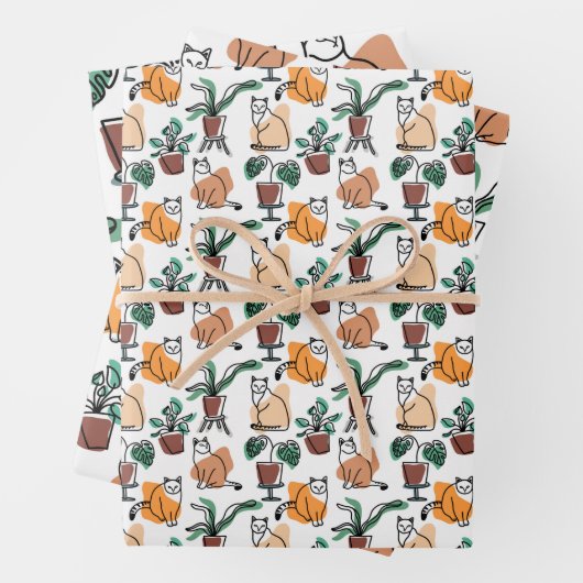 Lijntekenkat en bloemen inpakpapier vel (In situ)