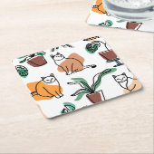 Lijntekenkat en bloemen kartonnen onderzetters (Schuin)