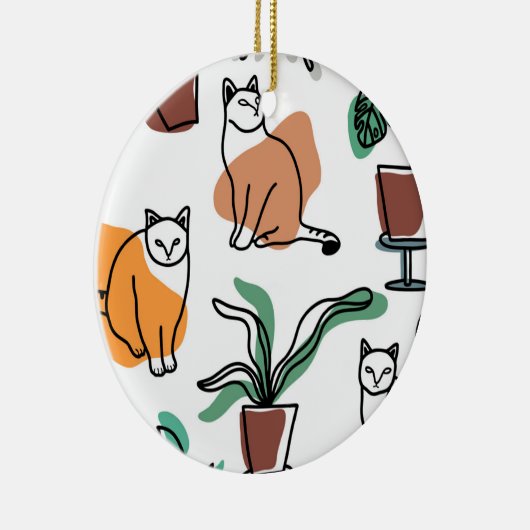 Lijntekenkat en bloemen keramisch ornament (Rechts)