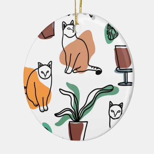 Lijntekenkat en bloemen keramisch ornament (Links)