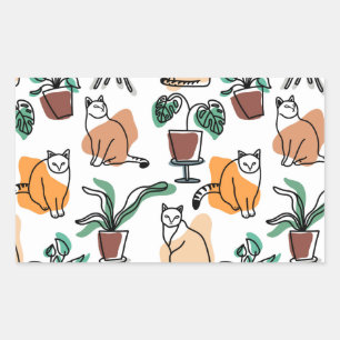 Lijntekenkat en bloemen rechthoekige sticker