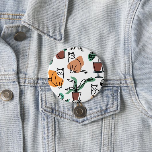 Lijntekenkat en bloemen ronde button 7,6 cm (In situ)