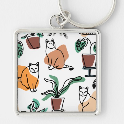 Lijntekenkat en bloemen sleutelhanger (Voorkant)