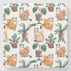 Lijntekenkat en bloemen stenen onderzetter