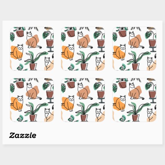 Lijntekenkat en bloemen vierkante sticker (Vel)