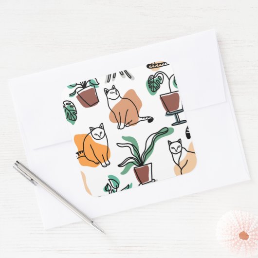 Lijntekenkat en bloemen vierkante sticker (Envelop)