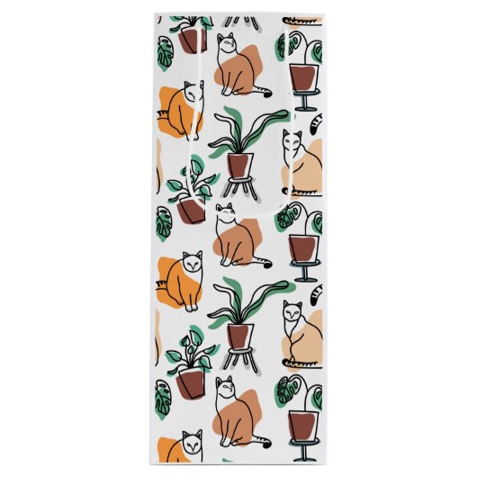 Lijntekenkat en bloemen wijn cadeautas (Voorkant)