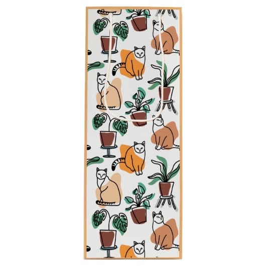 Lijntekenkat en bloemen wijn cadeautas (Voorkant)