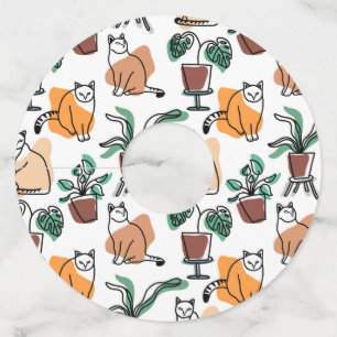 Lijntekenkat en bloemen wijnglaslabel