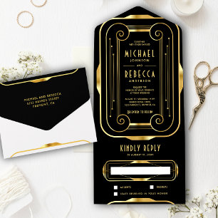  Lijst Black en Gold Foil Art Deco Wedding All In One Uitnodiging