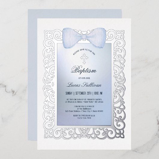 Lijst Blue Bow doop Folie Uitnodiging (Voorkant / Achterkant)