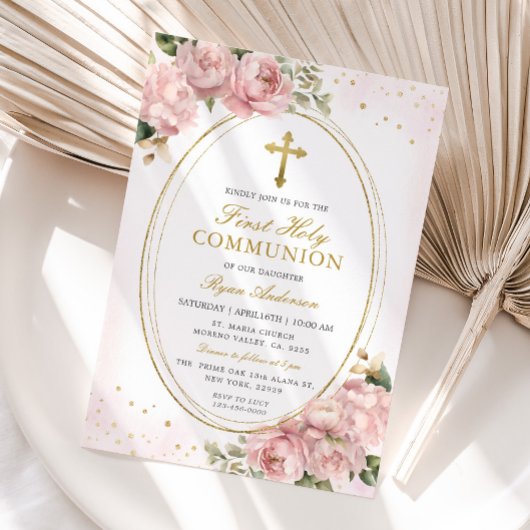 Lijst Blush roze Roses Eerste Heilige Communie Kaart