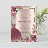 Lijst, Bourgogne Rozen Jurk Roos Goud Quinceanera Kaart (Staand voorkant)