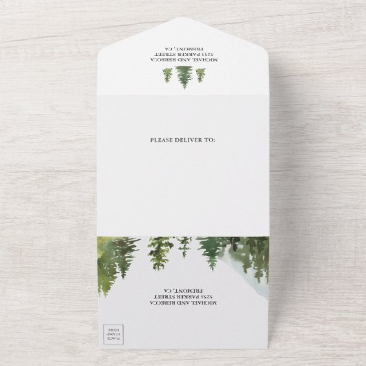 Lijst Cabin Lodge Rustic Mountain Wedding All In One Uitnodiging (Buitenkant)