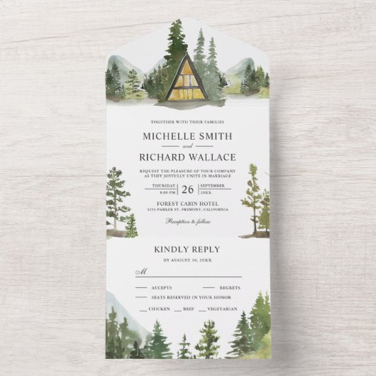 Lijst Cabin Lodge Rustic Mountain Wedding All In One Uitnodiging (Binnen)
