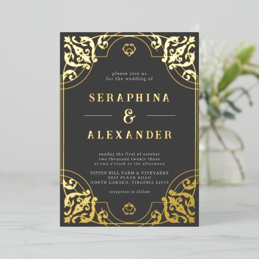   Lijst | Elegant Black en Gold Real Folie Uitnodiging (Staand Voorkant)