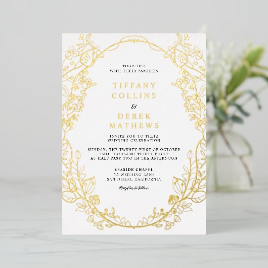 Lijst Elegant Bruiloftsgoud Folie Uitnodiging (Staand Voorkant)